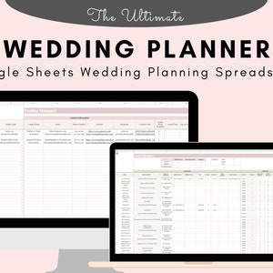 May include: Two computer screens displaying a Google Sheets spreadsheet titled "Wedding Planner". The spreadsheet is divided into two sections: "Vendor Manager" and "Guest Manager".