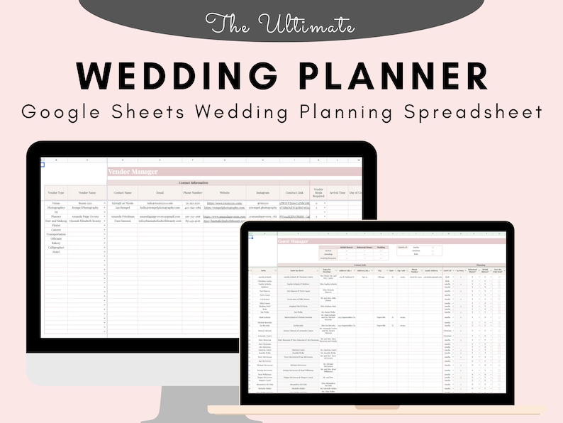 May include: Two computer screens displaying a Google Sheets spreadsheet titled "Wedding Planner". The spreadsheet is divided into two sections: "Vendor Manager" and "Guest Manager".