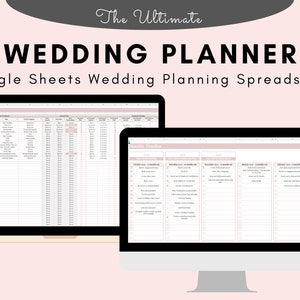 May include: A screenshot of a Google Sheets spreadsheet with two tabs, "Expense Tracker" and "Wedding Timeline". The spreadsheet is designed to help plan a wedding and includes columns for tracking expenses, tasks, and deadlines.