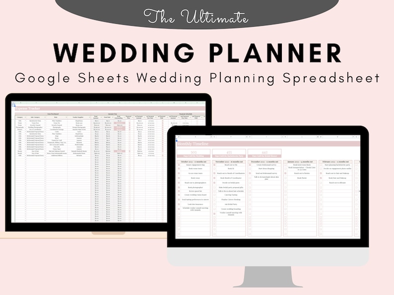 May include: A screenshot of a Google Sheets spreadsheet with two tabs, "Expense Tracker" and "Wedding Timeline". The spreadsheet is designed to help plan a wedding and includes columns for tracking expenses, tasks, and deadlines.