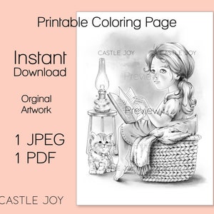 Kitty Printable Grayscale Coloring Page- Girl Reading with a Kitten Instant Download Printable 1 JPEG & 1 PDF- A4