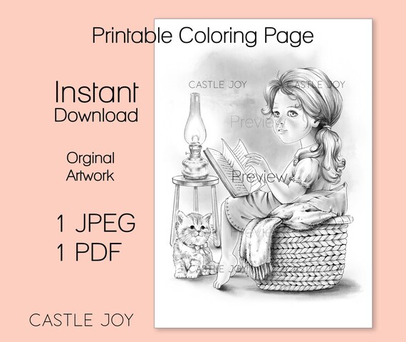 Kitty Coloring Page: Girl Reading with Kitten (JPEG, PDF)