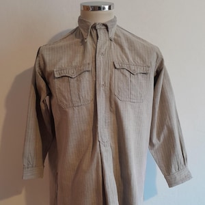 Vintage 1930s French Chore Shirt - Patched Workwear - Striped Smock - Hirondelle Collar