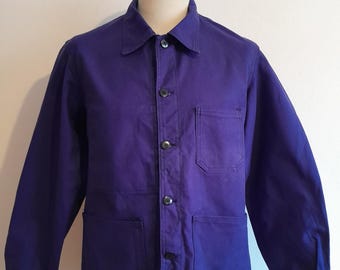 Vintage French Chore Jacket: Work Indigo Cotton Workwear (43" Chest)