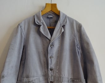 Vintage British chore jacket 1950s 50s workwear faded distressed patina marked hobo cotton railway rail worker