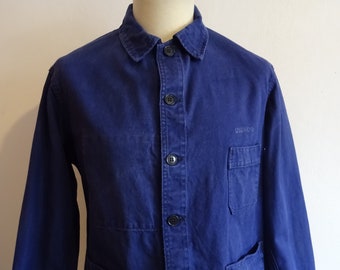Vintage French chore jacket 1950s 1960s Pigeon Voyageur Usinor indigo blue cotton hobo work worker workwear 43.5" chest measured