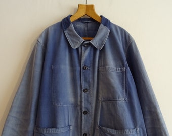 Vintage French chore jacket 1950s workwear faded indigo blue cotton  work worker workwear 49" chest measured