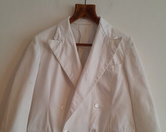Vintage Britse karwei jas Gieves Ltd jaren 1940 1948 gedateerd heren double-breasted werkkleding witte katoenen boorjas