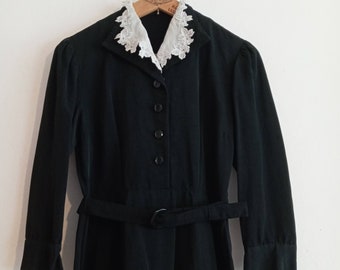 Vintage French chore dress 1940s 40s workwear black worker belted lace collar