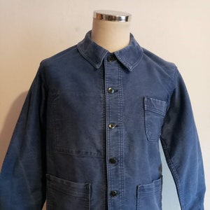 Vintage French moleskin chore jacket 3 Etoiles workwear faded indigo blue cotton work 1960s 60s worker 41.5" chest measured