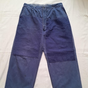 Vintage French Work Pants: Faded Indigo Metis Linen, Patched 34W 28.5L