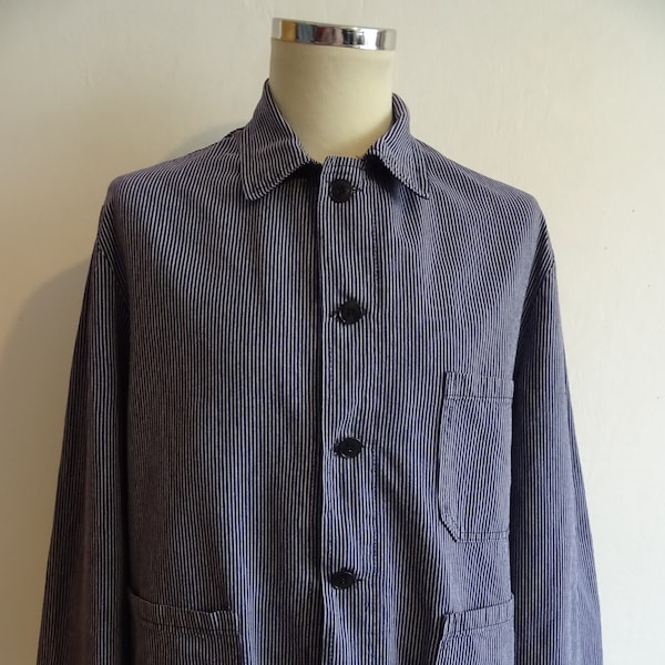 Vintage hickory striped chore jacket European workwear striped cotton worker work shirt jacket shacket 1970s 50" chest measured