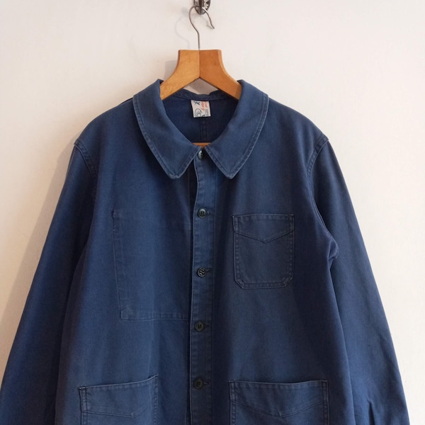 Vintage French chore jacket 1950s 1960s Solida faded indigo blue cotton work worker workwear 45.5" chest