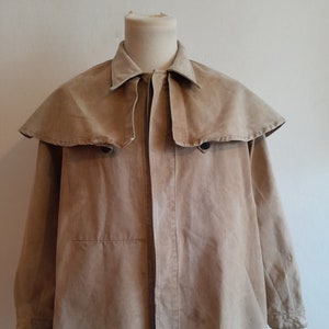 Vintage French hunting coat caped jacket workwear faded tan duck canvas Usinor riders work