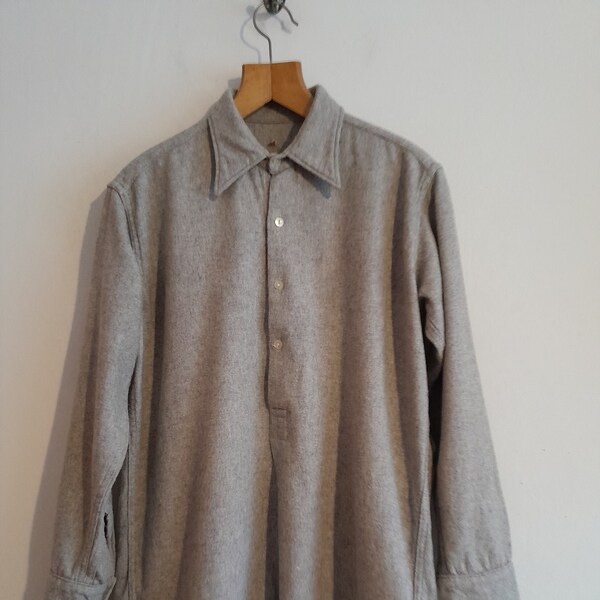 Vintage French chore shirt smock 1950s 50s oatmeal flecked cotton melange flannel popover work workwear