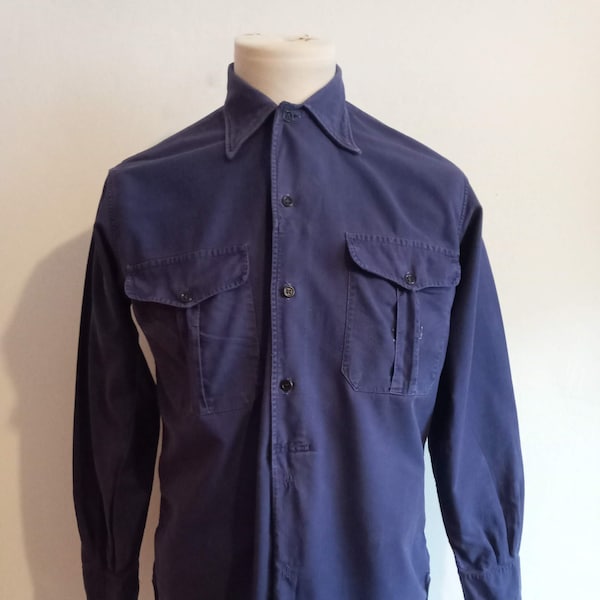 Vintage 1950s French army chore shirt 50s workwear indigo blue smock overhead popover work worker