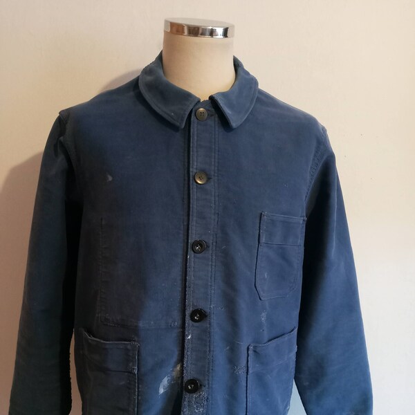 Vintage French moleskin Le Mont chore jacket workwear paint splattered faded mended distressed blue indigo worker 46" chest