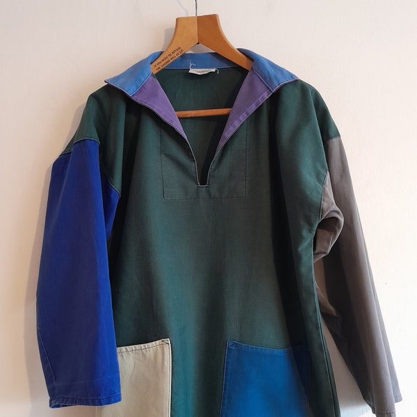 Vintage Newlyn Smocks workwear fishermans smock artists colour block British cotton chore popover 1980s 80s worker work