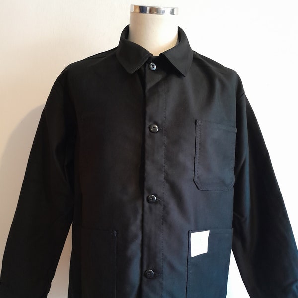 Vintage French black moleskin chore jacket work workwear coat 48" chest