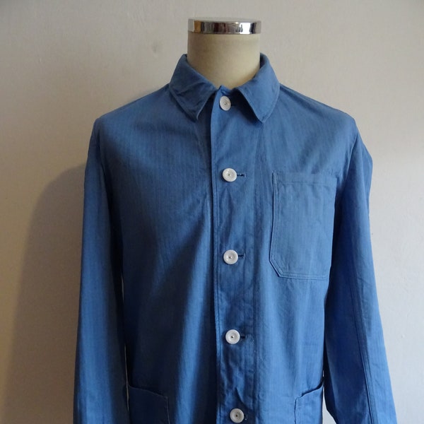 Vintage 1960s 60s German chore jacket workwear French style blue HBT cotton worker work contrast white change buttons 43.5" chest