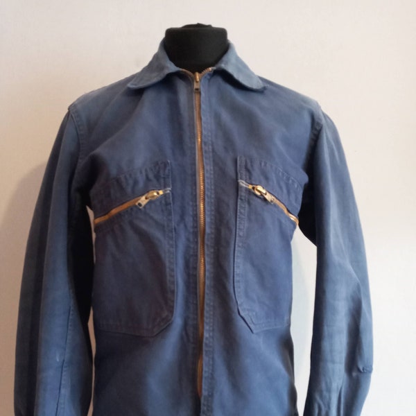 Vintage French cyclist jacket chore workwear Savo sun faded indigo hobo worn work blue zipped worker