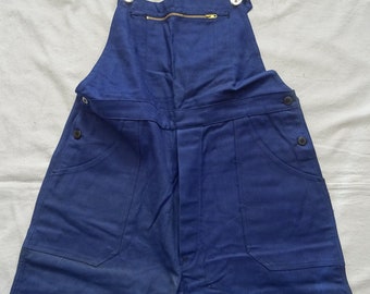 Vintage 1950s French Dungarees - 50s Blue Cotton Bibs - Crepier  (36.5W x 29L)