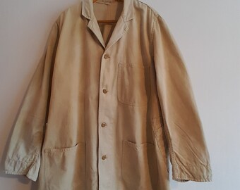 Vintage British duster coat workwear chore 1950s 50s faded cotton drill patina duster overall stores shop patina worker worker