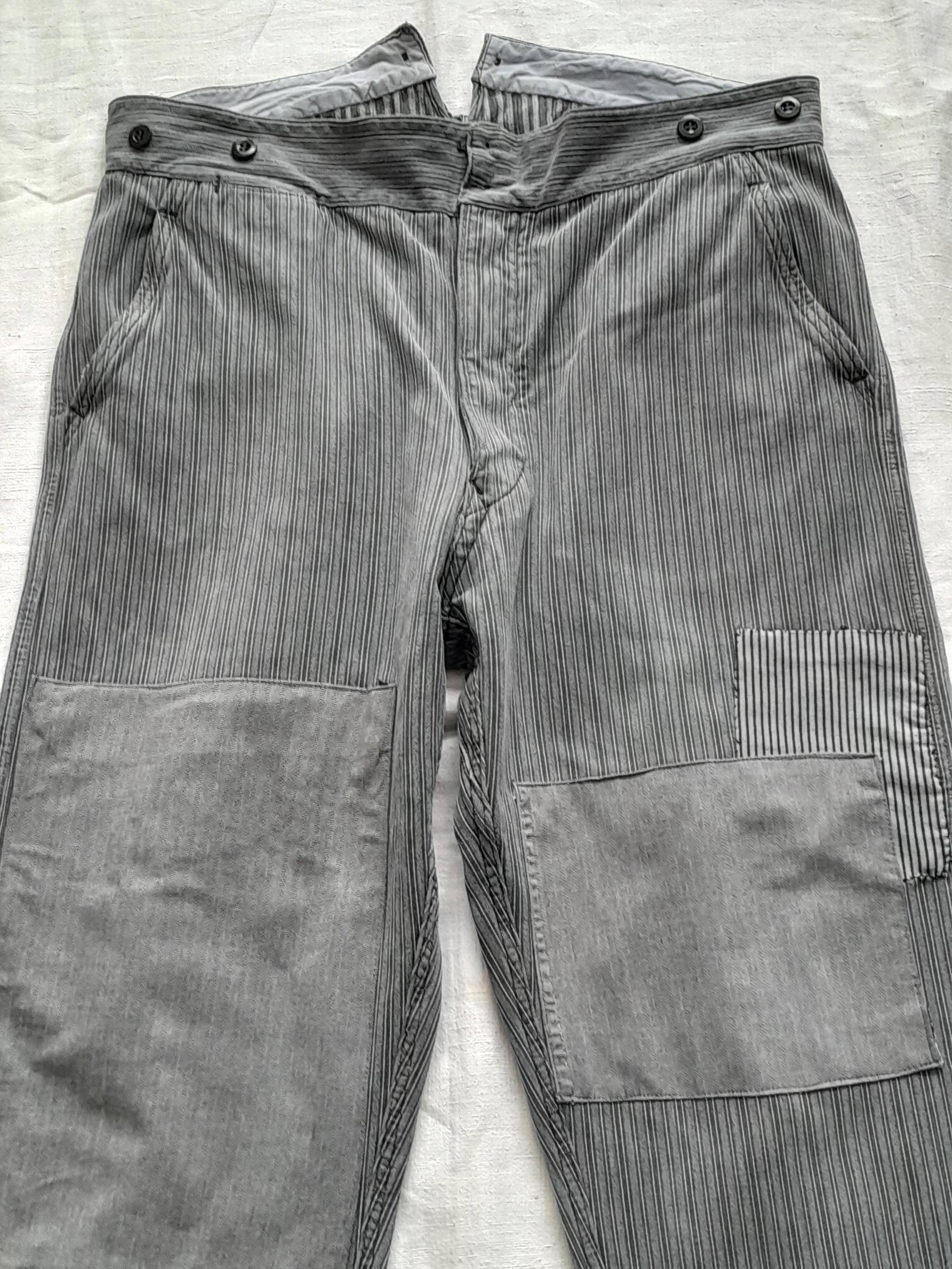 50’s French work cotton striped trousers 50's］French Vintage 2 Tuck Cotton Striped Work Pants | VIEUX ET