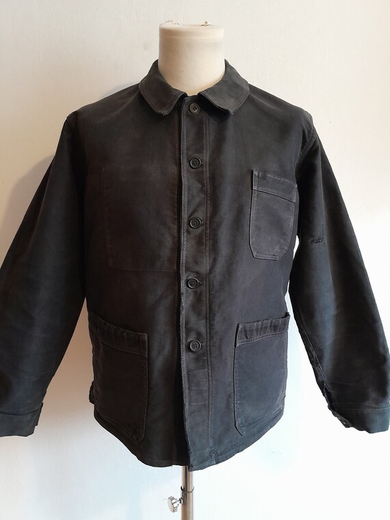 Vintage French Chore Jacket Workwear Black Moleskin 1950s 50s Work 
