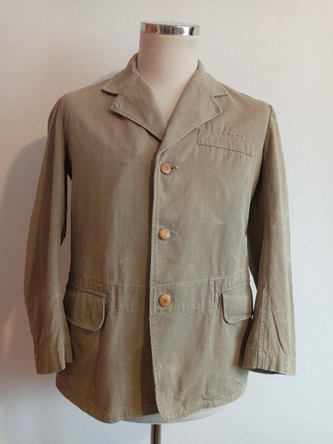 Dubbleware 1930s-40s beige cotton multi pocket chore coat - size M L