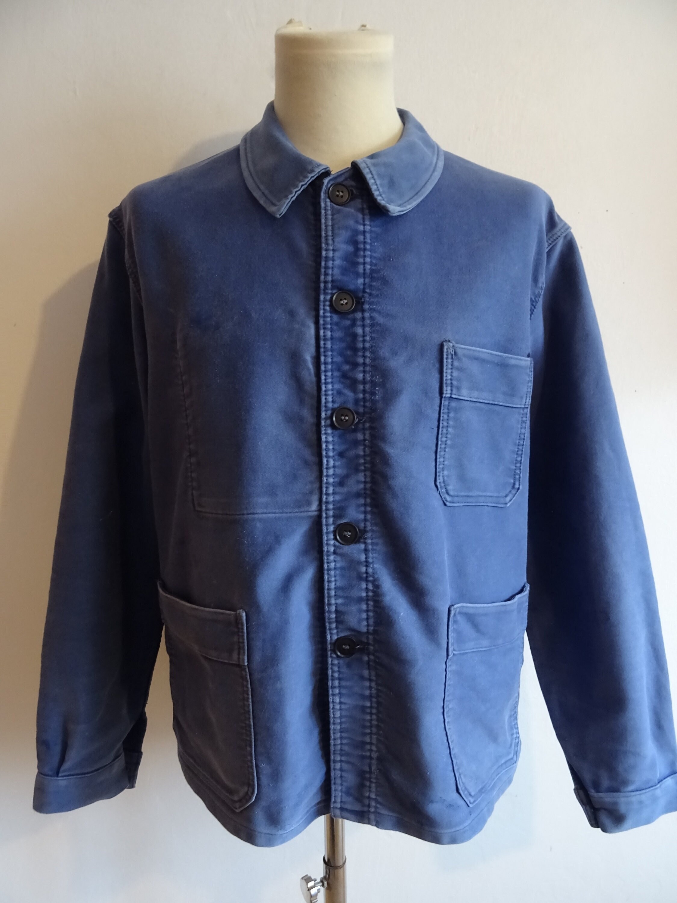 Vintage 1960s French Moleskin Chore Jacket Workwear Faded Indigo