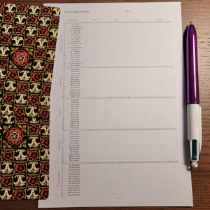 Op de afbeelding: Een wit vel papier met een rasterpatroon en de tekst "Tarot cards tracker" bovenaan. Het papier is verdeeld in secties voor elk pak tarotkaarten: Grote Arcana, Zwaarden, Bekers, Stokken en Pentakels. Elke sectie somt de kaarten in het pak op en heeft een raster om bij te houden hoe vaak elke kaart is getrokken.