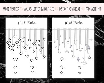 May include: Two printable mood tracker sheets with black lines on white paper. The left sheet features hanging hearts, and the right sheet features hanging stars, moons, planets, and rockets. Both include a numbered scale from 1 to 31 at the top.
