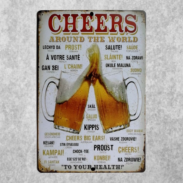 Cheers Around The World Beer Sign, Vintage Design Metal Sign, Bar, Man Cave, Indoor Outdoor, 8x12 Inches, Novelty Sign, Beer Sign