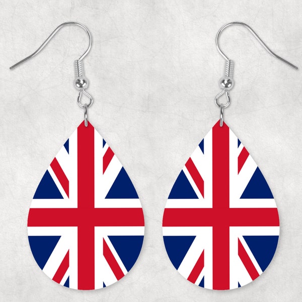 Union Jack Teardrop Earrings. British Flag United Kingdom Flag Earrings. Image Is On Both Sides.