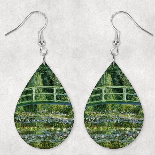 Monet Water Lillies And Japanese Bridge Teardrop Earrings. Double Sided Earrings.