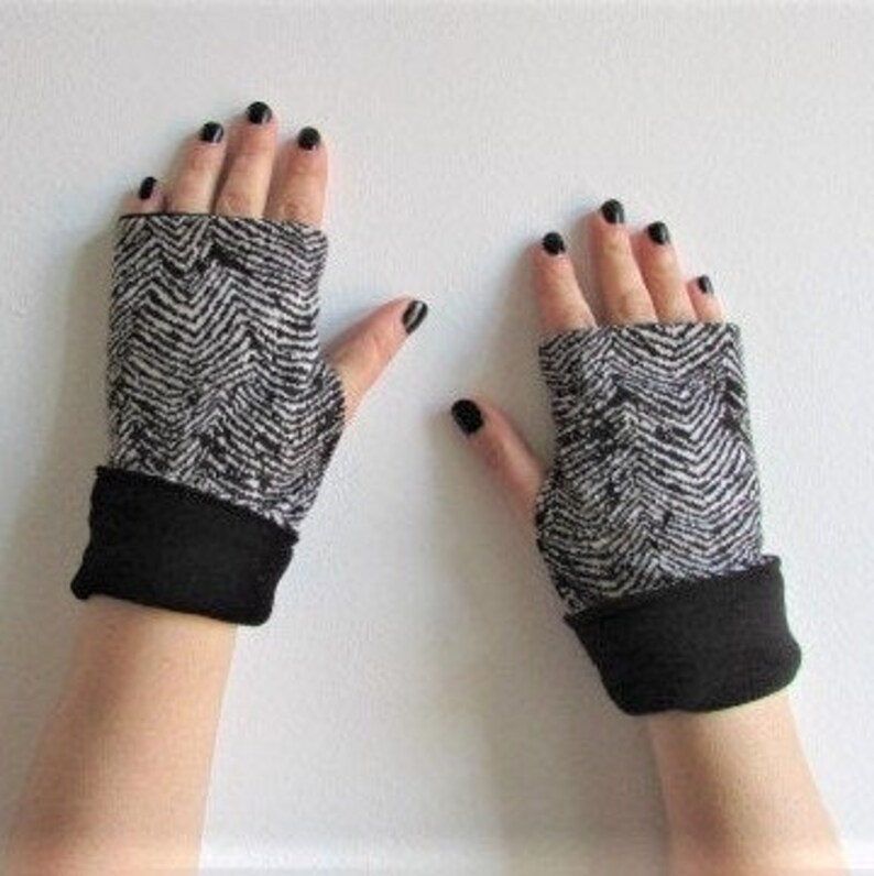 gift for her fingerless gloves womens accessories mittens Black and white pattern arm warmers wrist warmers