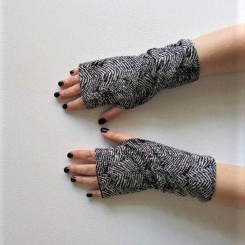 gift for her fingerless gloves womens accessories mittens Black and white pattern arm warmers wrist warmers
