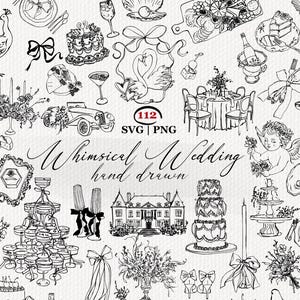 Könnte beinhalten: Eine Sammlung handgezeichneter schwarz-weißer Illustrationen mit Hochzeitselementen wie Torten, Schwänen, einem Pfau, einem Oldtimer, einem Herrenhaus, Blumenarrangements, Kronleuchtern und Putten, mit dem Text 112 SVG PNG Whimsical Wedding hand drawn.