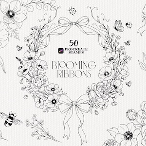 Pode incluir: Uma coleção digital de 50 carimbos Procreate intitulada Blooming Ribbons, apresentando ilustrações de arte linear em preto e branco de guirlandas florais, flores individuais, laços, borboletas, joaninhas e abelhas em um fundo branco texturizado.