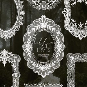 May include: A collection of white, hand-drawn lace frames in various shapes, including oval, rectangular, and ornate designs. The frames feature intricate floral and scrollwork patterns, perfect for digital art or crafting projects. The text "hand drawn lace frames" is visible.