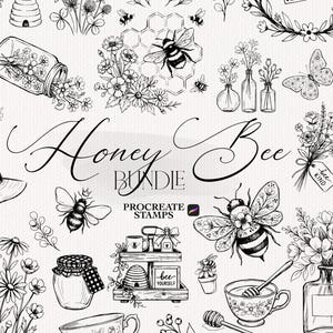 May include: A digital collection of black and white line art illustrations featuring bees, honeycombs, floral arrangements, jars, and a sign reading Honey For Sale. The central text reads Honey Bee Bundle Procreate Stamps, showcasing various botanical and apiary motifs.
