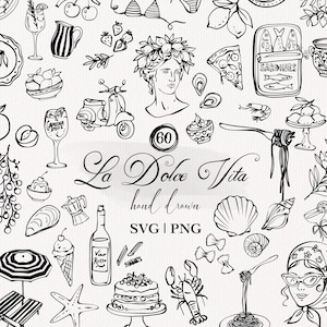 Può includere: Illustrazione in bianco e nero disegnata a mano con elementi a tema italiano. Include uno scooter, una bottiglia di vino, una fetta di pizza, pasta e il testo "La Dolce Vita". Altri elementi includono un volto femminile, una torta e un'aragosta.