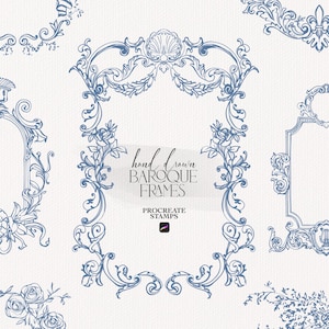 May include: A collection of hand-drawn baroque frames in various shapes and sizes, rendered in a delicate blue hue. The frames feature ornate floral and scrollwork designs, with the text "hand drawn BAROQUE FRAMES" and "PROCREATE STAMPS".