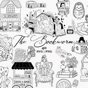 Può includere: Una collezione di illustrazioni a tratto in bianco e nero con elementi a tema librario, tra cui persone che leggono, pile di libri, una libreria, un carretto del caffè, piante e cancelleria. Il testo recita The Bookworm 40 SVG | PNG.