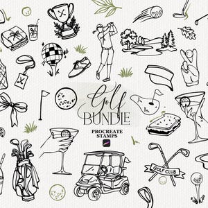 Può includere: Una collezione di illustrazioni a linee bianche e nere con icone a tema golf, tra cui un golf cart, mazze, palline, un trofeo, una sacca, una visiera, un berretto, un gilet e bevande. Il testo recita Golf BUNDLE PROCREATE STAMPS.