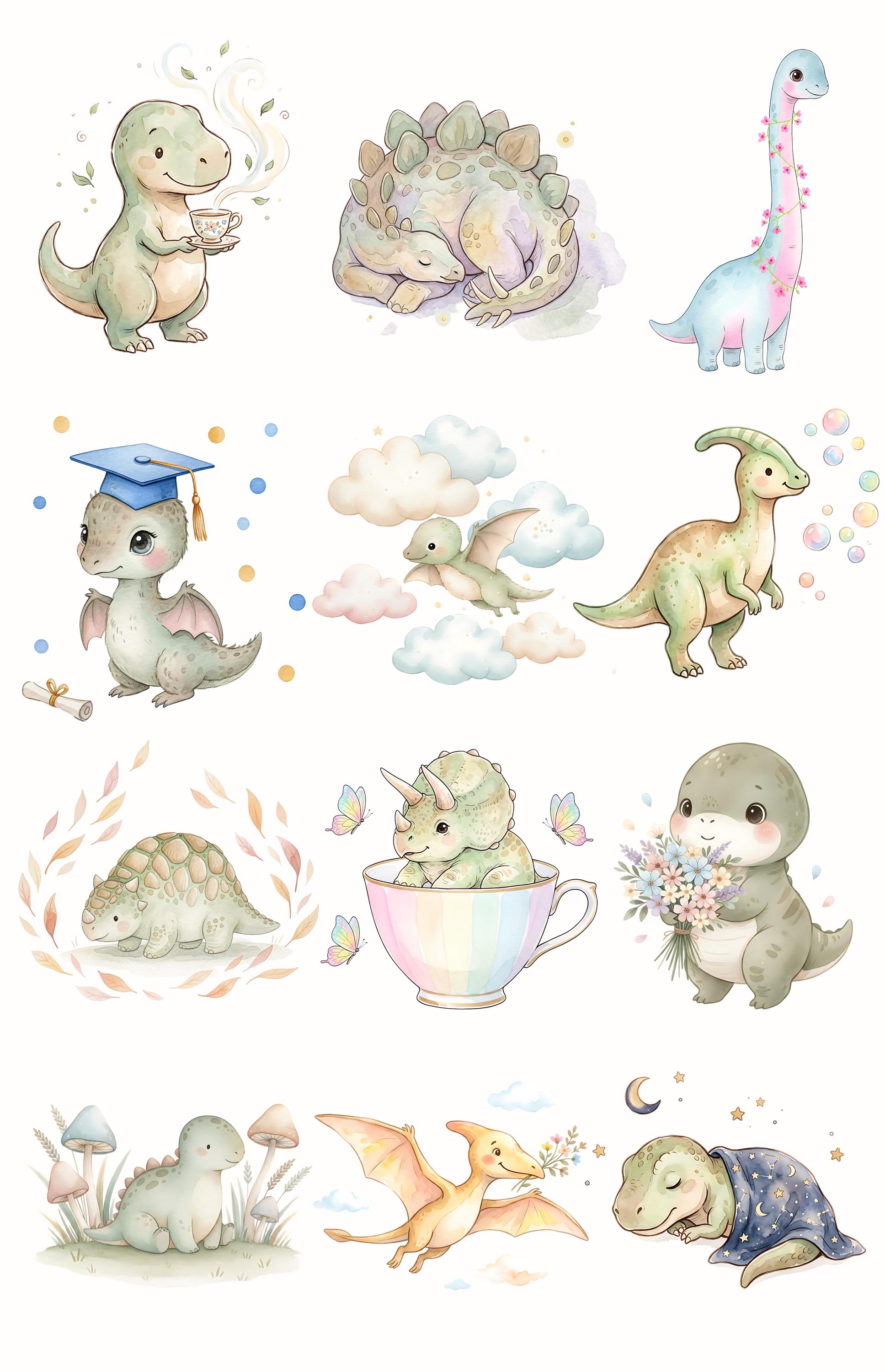 30 Cute Dinosaur Clipart Bundle: Watercolor Baby Dino Pngs for Nursery ...