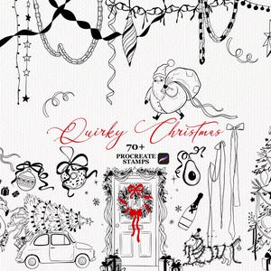 May include: A digital collection of black and white line art illustrations titled Quirky Christmas 70+ Procreate Stamps. The set features Santa Claus, a flamingo, a decorated Christmas tree, a car, a wreath on a door, and various holiday ornaments.