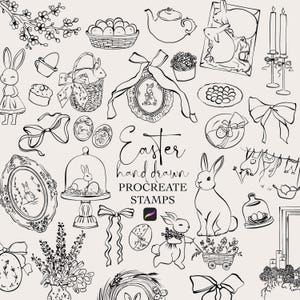 Può includere: Illustrazioni pasquali disegnate a mano in bianco e nero. L'immagine include coniglietti, uova, cesti, fiocchi ed elementi floreali. Il testo recita "Easter hand drawn Procreate stamps."