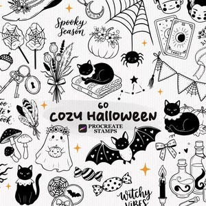 Può includere: Una collezione digitale di 60 illustrazioni in bianco e nero a tema Halloween che include gatti, fantasmi, pipistrelli, zucche, carte dei tarocchi, pozioni e ragnatele. Il testo riporta 60 COZY HALLOWEEN, PROCREATE STAMPS, Spooky Season e Witchy Vibes.